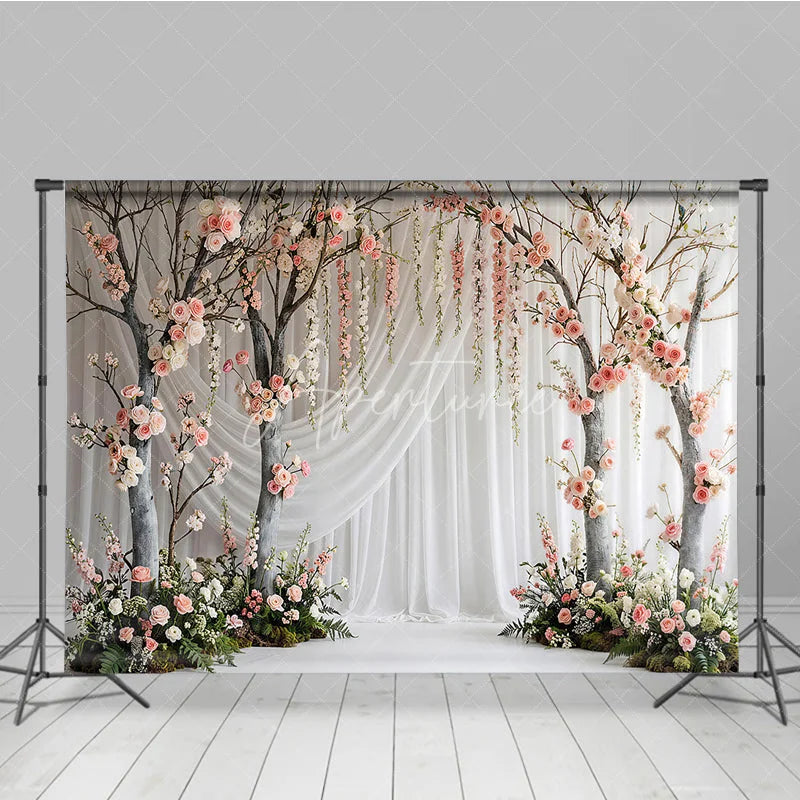 Aperturee - Aperturee Elegant Pink and White Rose Tree Photography Backdrop with Hanging Flowers Romantic Garden Wedding Party Decor