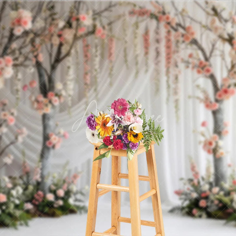 Aperturee - Aperturee Elegant Pink and White Rose Tree Photography Backdrop with Hanging Flowers Romantic Garden Wedding Party Decor