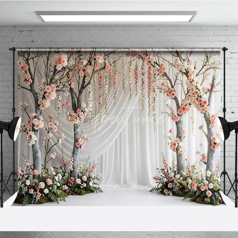 Aperturee - Aperturee Elegant Pink and White Rose Tree Photography Backdrop with Hanging Flowers Romantic Garden Wedding Party Decor