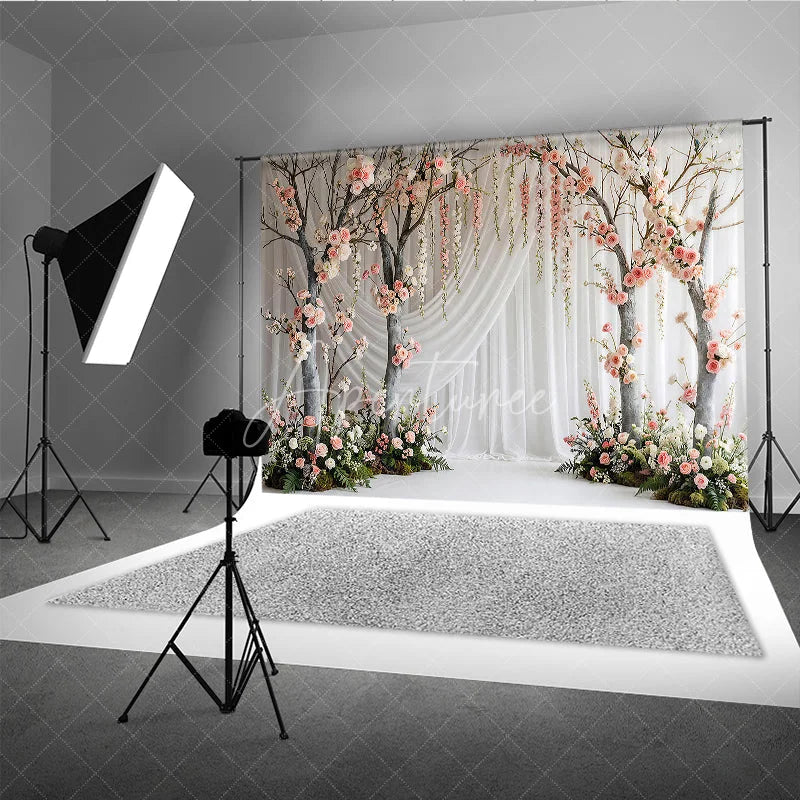 Aperturee - Aperturee Elegant Pink and White Rose Tree Photography Backdrop with Hanging Flowers Romantic Garden Wedding Party Decor