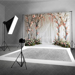 Aperturee - Aperturee Elegant Pink and White Rose Tree Photography Backdrop with Hanging Flowers Romantic Garden Wedding Party Decor