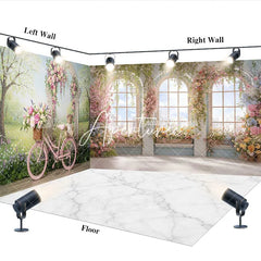 Aperturee - Aperturee Elegant Pink Bicycle Floral Archway Room Set Backdrop Spring Garden with Arched Windows and City View