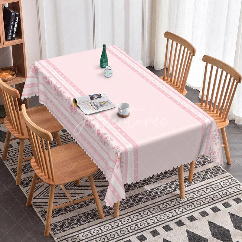 Aperturee - Aperturee Elegant Pink Border Rectangle Tablecloth Rose Floral Edge Design for Valentine Mother Day Dining Room Decor