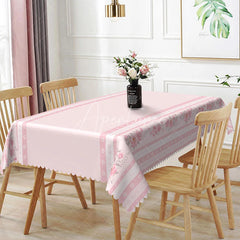 Aperturee - Aperturee Elegant Pink Border Rectangle Tablecloth Rose Floral Edge Design for Valentine Mother Day Dining Room Decor