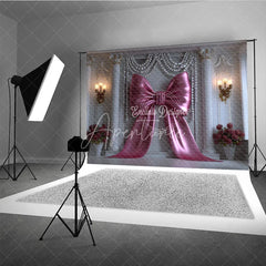 Aperturee - Aperturee Elegant Pink Bow and Pearl Garlands Photography Backdrop Classic Columns for Royal Celebration Decor