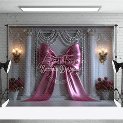 Aperturee - Aperturee Elegant Pink Bow and Pearl Garlands Photography Backdrop Classic Columns for Royal Celebration Decor