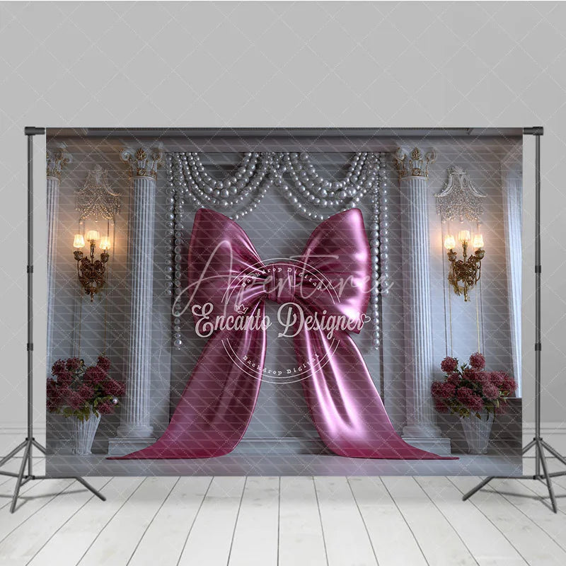 Aperturee - Aperturee Elegant Pink Bow and Pearl Garlands Photography Backdrop Classic Columns for Royal Celebration Decor