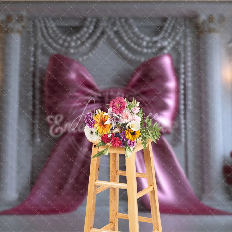 Aperturee - Aperturee Elegant Pink Bow and Pearl Garlands Photography Backdrop Classic Columns for Royal Celebration Decor