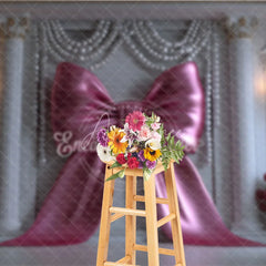 Aperturee - Aperturee Elegant Pink Bow and Pearl Garlands Photography Backdrop Classic Columns for Royal Celebration Decor