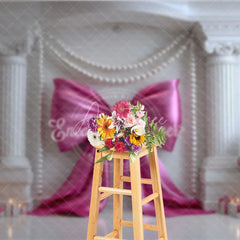 Aperturee - Aperturee Elegant Pink Bow and Pearl Garlands Photography Backdrop White Column Romantic Birthday Party Decor