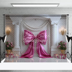 Aperturee - Aperturee Elegant Pink Bow and Pearl Garlands Photography Backdrop White Column Romantic Birthday Party Decor
