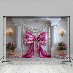 Aperturee - Aperturee Elegant Pink Bow and Pearl Garlands Photography Backdrop White Column Romantic Birthday Party Decor