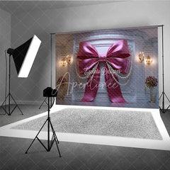 Aperturee - Aperturee Elegant Pink Bow and Pearl Photography Backdrop Luxurious White Wall Decor for Birthday Party Baby Shower