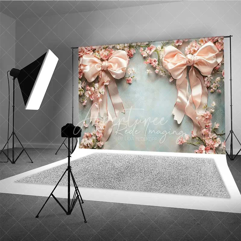 Aperturee - Aperturee Elegant Pink Bow Flower Frame Photography Backdrop Vintage Floral Wedding Studio Prop