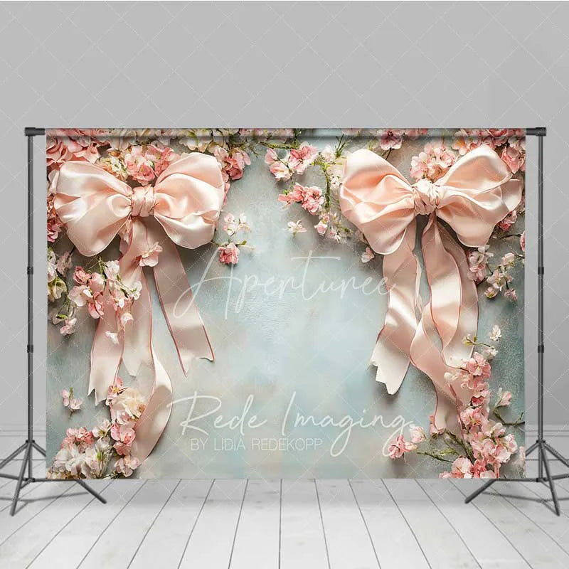 Aperturee - Aperturee Elegant Pink Bow Flower Frame Photography Backdrop Vintage Floral Wedding Studio Prop