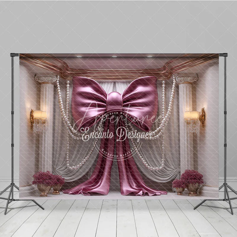 Aperturee - Aperturee Elegant Pink Bow with Pearl Strings Photography Backdrop Luxury Wedding and Party Decor