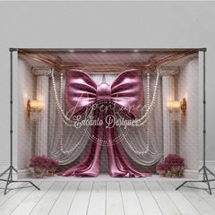 Aperturee - Aperturee Elegant Pink Bow with Pearl Strings Photography Backdrop Luxury Wedding and Party Decor