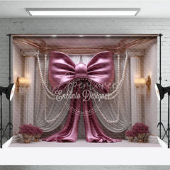 Aperturee - Aperturee Elegant Pink Bow with Pearl Strings Photography Backdrop Luxury Wedding and Party Decor
