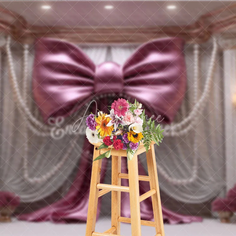 Aperturee - Aperturee Elegant Pink Bow with Pearl Strings Photography Backdrop Luxury Wedding and Party Decor