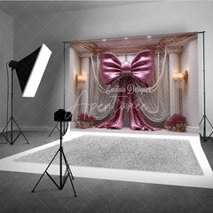 Aperturee - Aperturee Elegant Pink Bow with Pearl Strings Photography Backdrop Luxury Wedding and Party Decor