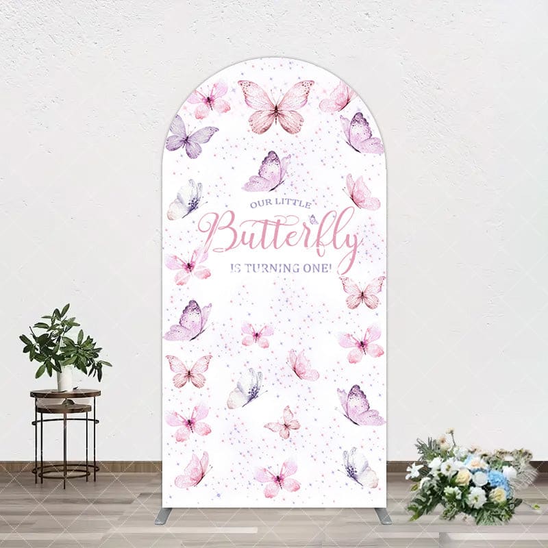 Aperturee - Aperturee Elegant Pink Butterfly 1st Birthday Arch Backdrop
