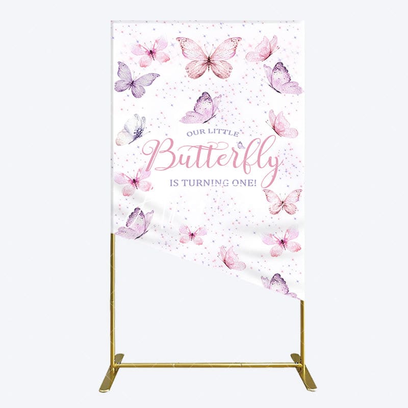 Aperturee - Aperturee Elegant Pink Butterfly 1st Birthday Rectangle Backdrop