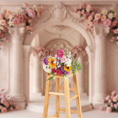 Aperturee - Aperturee Elegant Pink Floral Archway and Classical Columns Photography Backdrop Romantic Wedding Baby Shower Decor