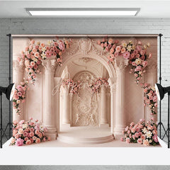 Aperturee - Aperturee Elegant Pink Floral Archway and Classical Columns Photography Backdrop Romantic Wedding Baby Shower Decor