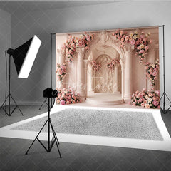 Aperturee - Aperturee Elegant Pink Floral Archway and Classical Columns Photography Backdrop Romantic Wedding Baby Shower Decor