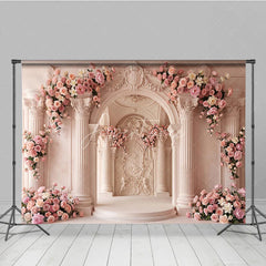 Aperturee - Aperturee Elegant Pink Floral Archway and Classical Columns Photography Backdrop Romantic Wedding Baby Shower Decor