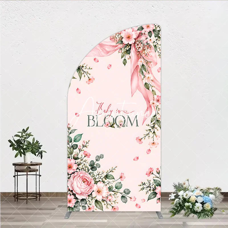 Aperturee - Aperturee Elegant Pink Floral Baby in Bloom Half Moon Arch Backdrop Ribbon and Green Leaves for Baby Shower