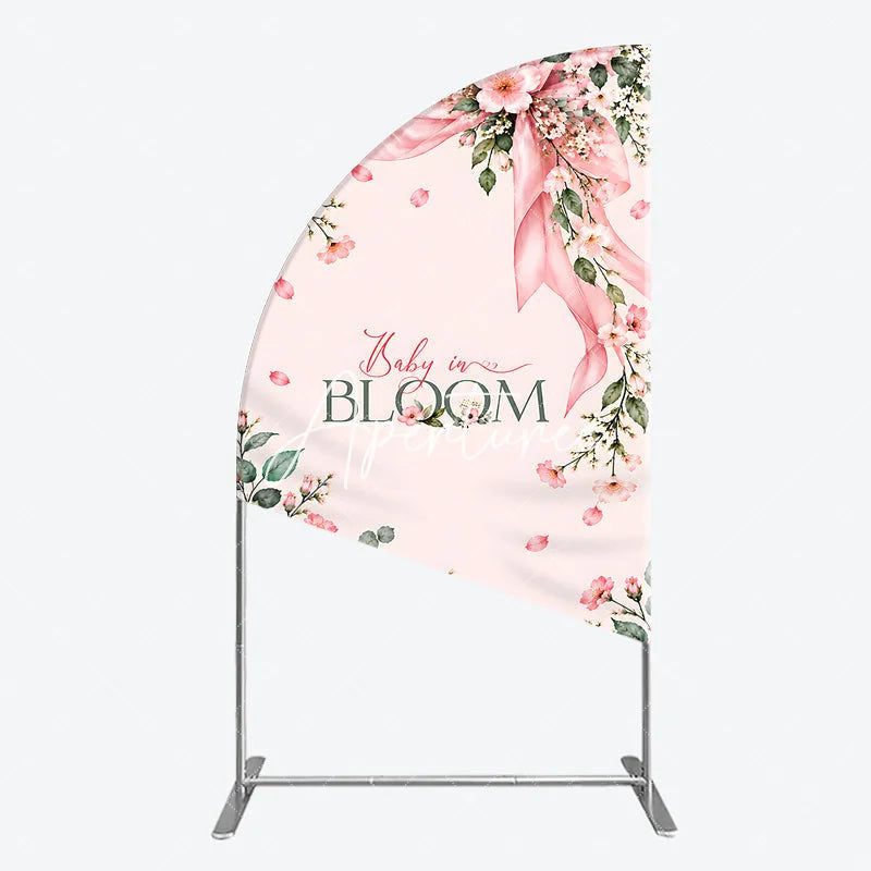 Aperturee - Aperturee Elegant Pink Floral Baby in Bloom Half Moon Arch Backdrop Ribbon and Green Leaves for Baby Shower