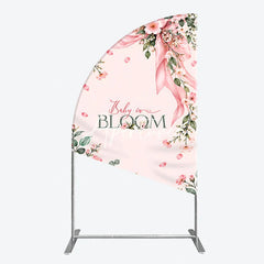 Aperturee - Aperturee Elegant Pink Floral Baby in Bloom Half Moon Arch Backdrop Ribbon and Green Leaves for Baby Shower