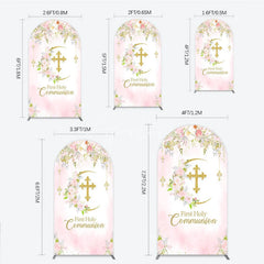 Aperturee - Aperturee Elegant Pink Floral First Holy Communion Round Top Arch Backdrop with Gold Cross Religious Party Decor