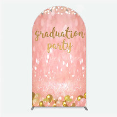 Aperturee - Aperturee Elegant Pink Glitter Graduation Party Arch Backdrop with Gold Balloons String Lights and Banners