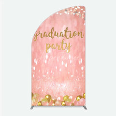 Aperturee - Aperturee Elegant Pink Glitter Graduation Party Half Moon Arch Backdrop with Gold Balloons String Lights and Banners