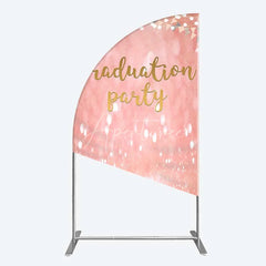 Aperturee - Aperturee Elegant Pink Glitter Graduation Party Half Moon Arch Backdrop with Gold Balloons String Lights and Banners