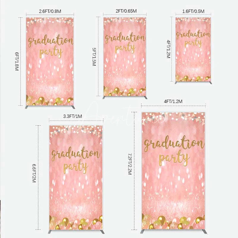 Aperturee - Aperturee Elegant Pink Glitter Graduation Party Rectangle Backdrop with Gold Balloons String Lights and Banners