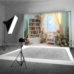 Aperturee - Aperturee Elegant Pink Library Photography Backdrop Bookshelf with Floral Arch Fairytale Wedding Photo Background