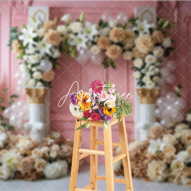 Aperturee - Aperturee Elegant Pink Paneled Wall Photography Backdrop with Lilies Cream Roses and Beige Dahlias Floral Arch Classical Columns