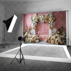 Aperturee - Aperturee Elegant Pink Paneled Wall Photography Backdrop with Lilies Cream Roses and Beige Dahlias Floral Arch Classical Columns