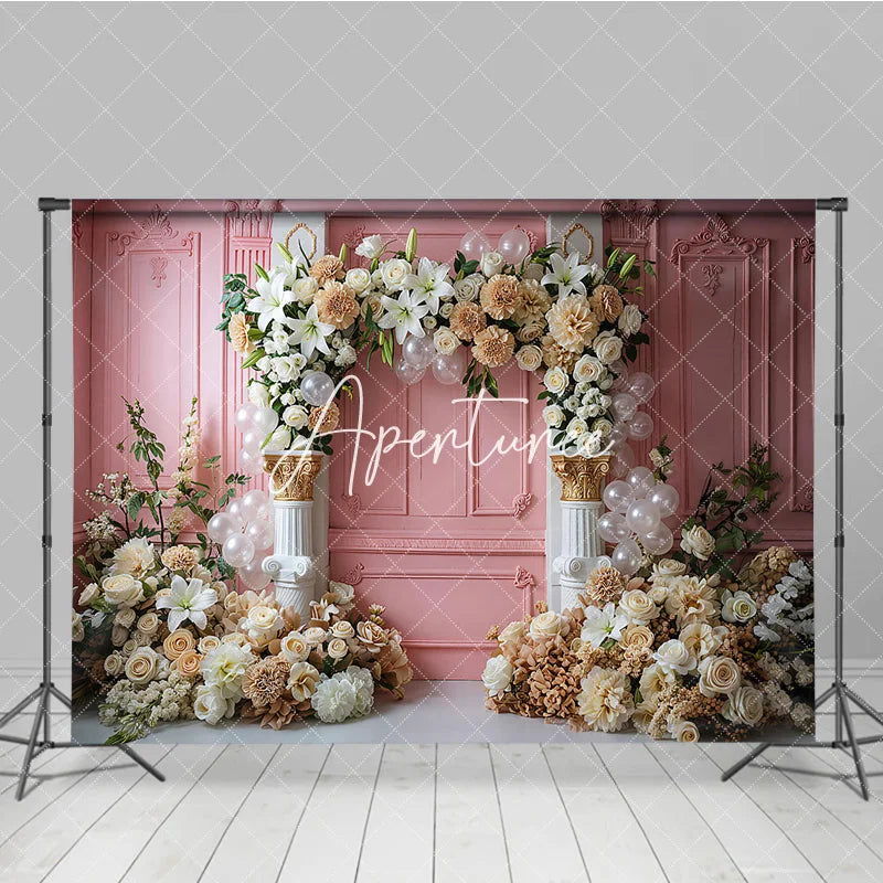 Aperturee - Aperturee Elegant Pink Paneled Wall Photography Backdrop with Lilies Cream Roses and Beige Dahlias Floral Arch Classical Columns