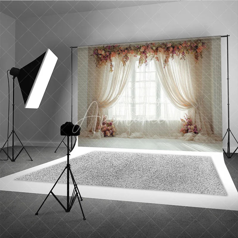 Aperturee - Aperturee Elegant Pink Peach Floral Window Photography Backdrop with Sheer Curtains Romantic Portrait Wedding Decor