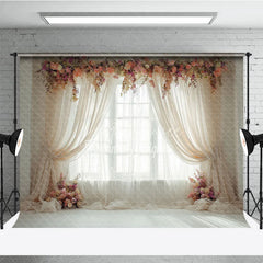 Aperturee - Aperturee Elegant Pink Peach Floral Window Photography Backdrop with Sheer Curtains Romantic Portrait Wedding Decor