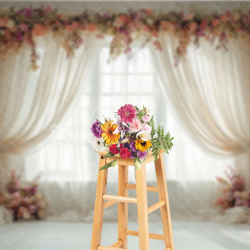Aperturee - Aperturee Elegant Pink Peach Floral Window Photography Backdrop with Sheer Curtains Romantic Portrait Wedding Decor