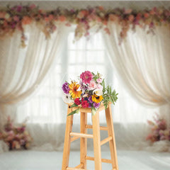 Aperturee - Aperturee Elegant Pink Peach Floral Window Photography Backdrop with Sheer Curtains Romantic Portrait Wedding Decor