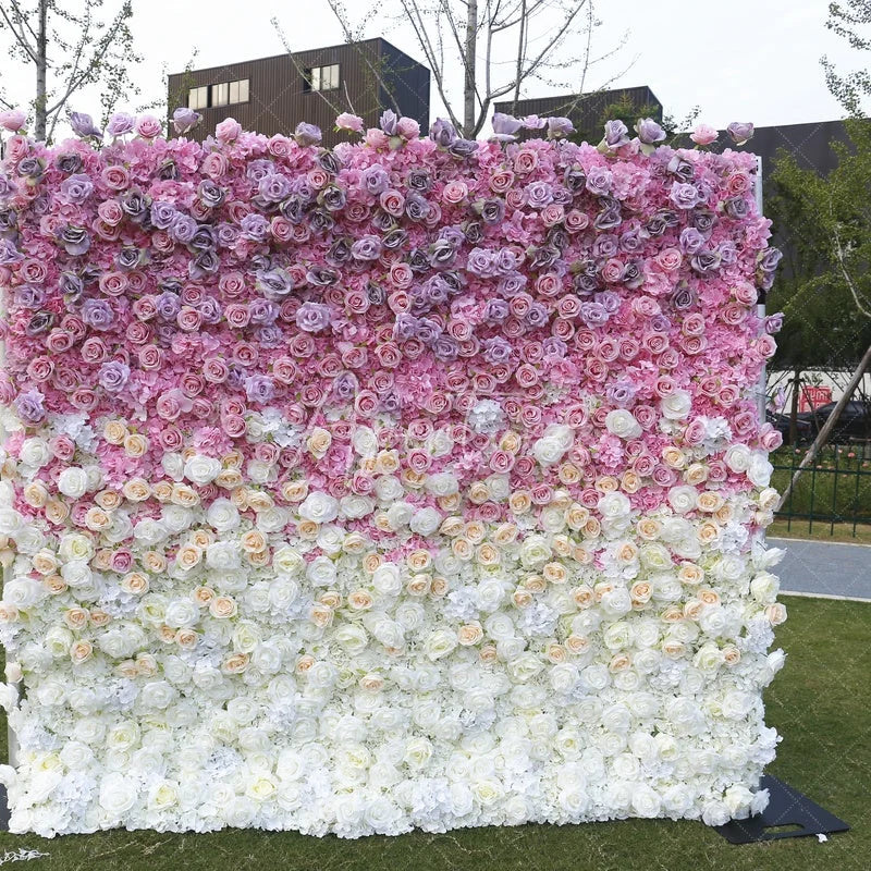 Aperturee - Aperturee Elegant Pink Purple and White Ombre Artificial Flower Wall Romantic Floral Backdrop for Wedding Party Decor