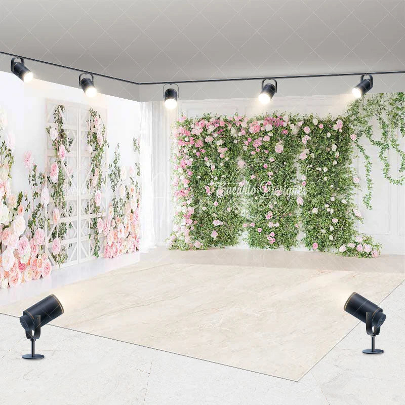 Aperturee - Aperturee Elegant Pink Rose and Green Foliage Floral Wall Room Set Backdrop Romantic Garden Wedding Party Decor