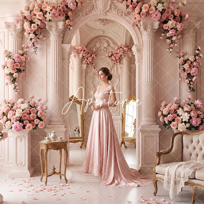 Aperturee - Aperturee Elegant Pink Rose Floral Arch Column Palace Combo Set Backdrop Romantic Wedding Bridal Shower Photography