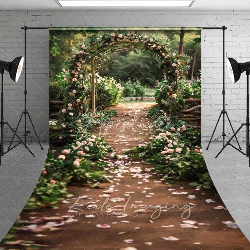 Aperturee - Aperturee Elegant Pink Rose Floral Arch Wedding Aisle Backdrop Romantic Garden Ceremony Photography